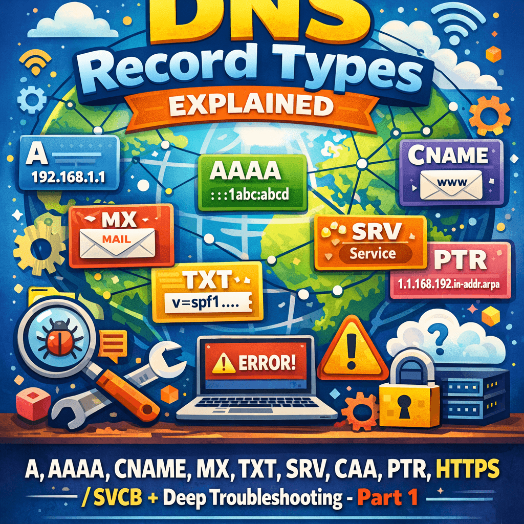 DNS Record Types Explained: A, AAAA, CNAME, MX, TXT, SRV, CAA, PTR, HTTPS/SVCB + Deep Troubleshooting – Part 1