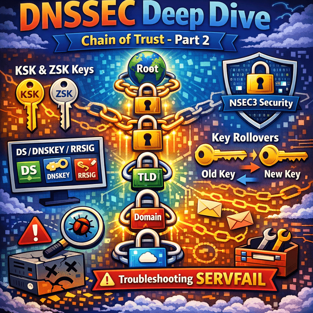 DNSSEC Deep Dive: Chain of Trust, KSK/ZSK, DS/DNSKEY/RRSIG, NSEC3, Key Rollovers + Troubleshooting SERVFAIL – Part 2