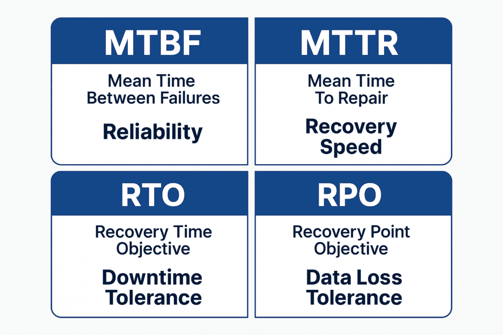 Comparison of MTBF, MTTR, RTO, and RPO showing reliability, recovery speed, downtime tolerance, and data loss tolerance