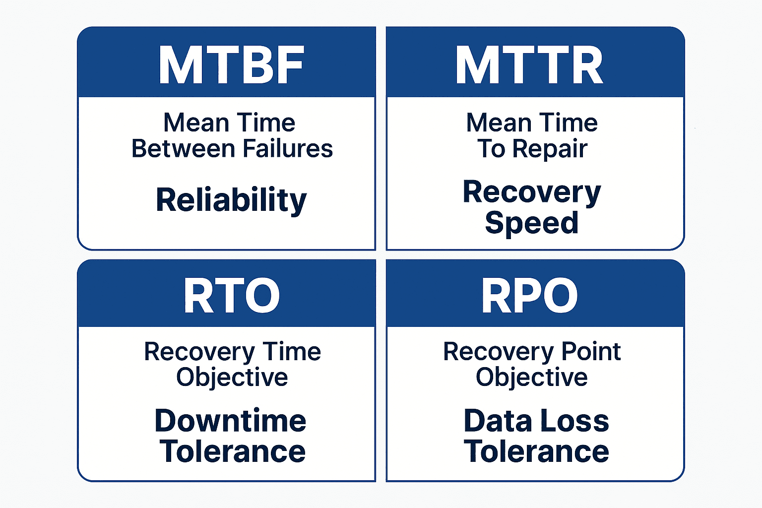 Comparison of MTBF, MTTR, RTO, and RPO showing reliability, recovery speed, downtime tolerance, and data loss tolerance