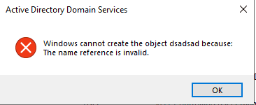 Active Directory Users and Computers error dialog showing "The name reference is invalid" when copying a user