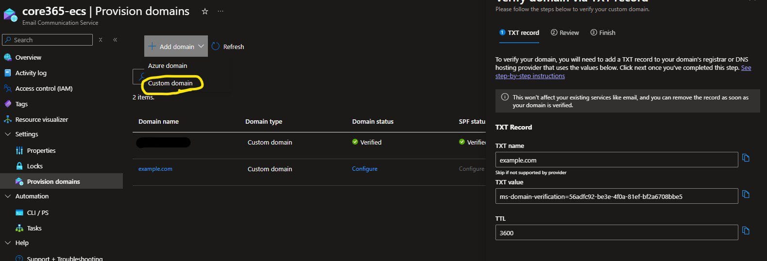 Azure Provision Domains screen listing a custom domain with its verification status