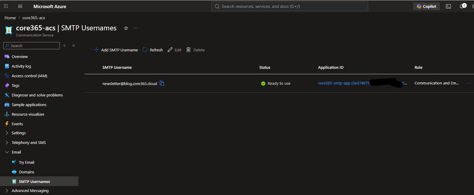 Azure Communication Services SMTP Usernames list showing a username with Ready to use status