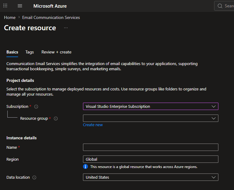Azure Portal Create Email Communication Services form showing subscription, resource group, and name fields