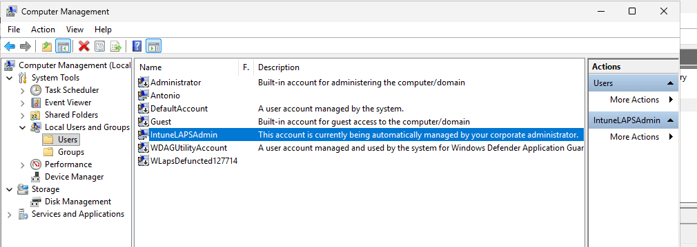 Computer Management Local Users list showing an Automatic Account Management-owned account and a renamed defuncted account