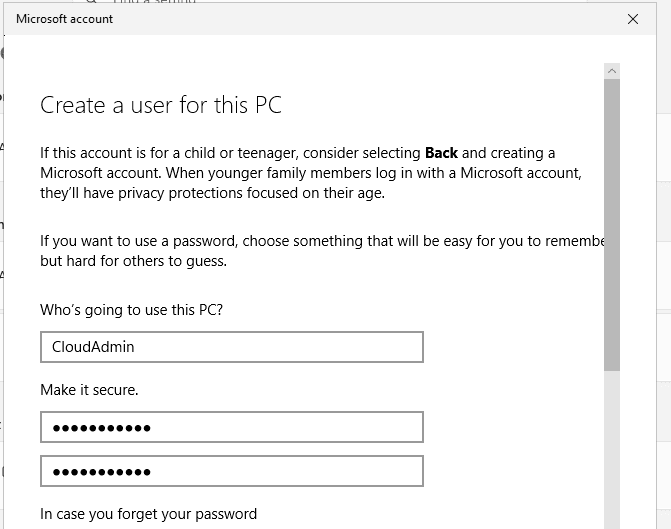 Windows Create a user for this PC screen with a local administrator account name entered