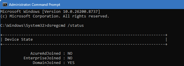 dsregcmd status output showing hybrid join failure