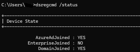 dsregcmd status showing successful hybrid join with AzureAdJoined YES