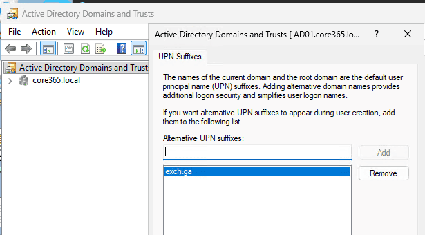 Active Directory Domains and Trusts console showing an alternative UPN suffix added for use during user creation