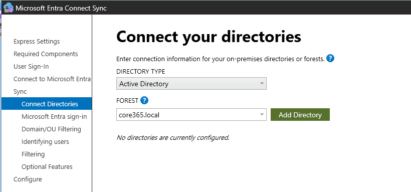 Microsoft Entra Connect wizard Connect your directories page with an Active Directory forest added