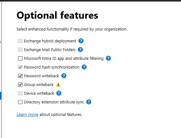 Optional features page in Microsoft Entra Connect with password hash synchronization, password writeback, and group writeback selected