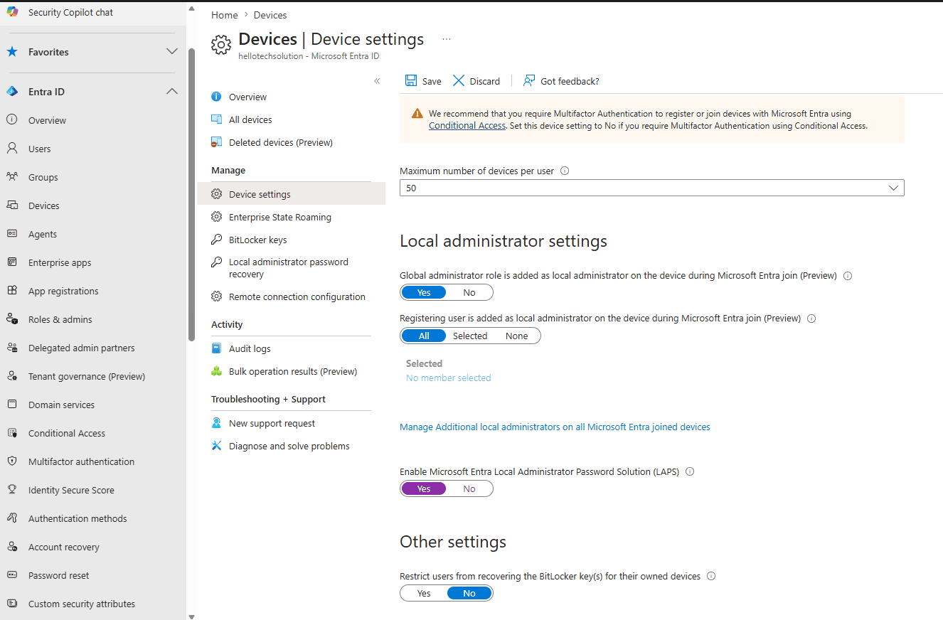 Microsoft Entra ID device settings page showing the Enable Local Administrator Password Solution toggle set to Yes
