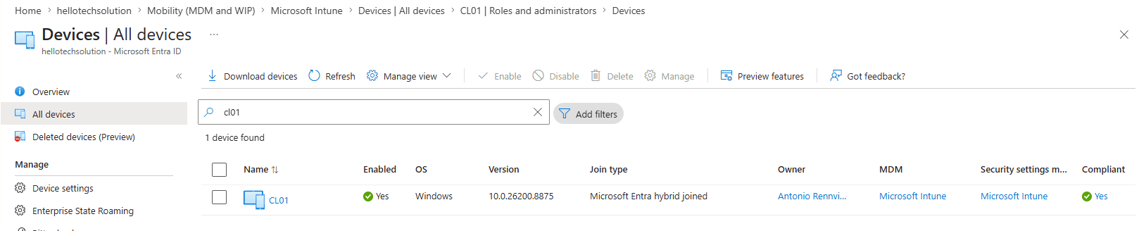 Microsoft Entra ID All devices pane showing a device with Microsoft Entra hybrid joined type, Microsoft Intune MDM, and Compliant status