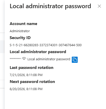 Entra ID Local administrator password panel showing the built-in Administrator account with its security ID ending in dash 500
