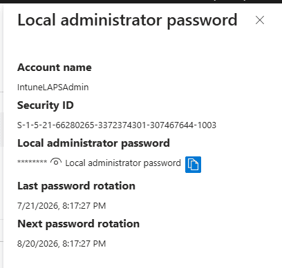 Microsoft Entra ID Local administrator password panel showing the IntuneLAPSAdmin account, security ID, and rotation dates
