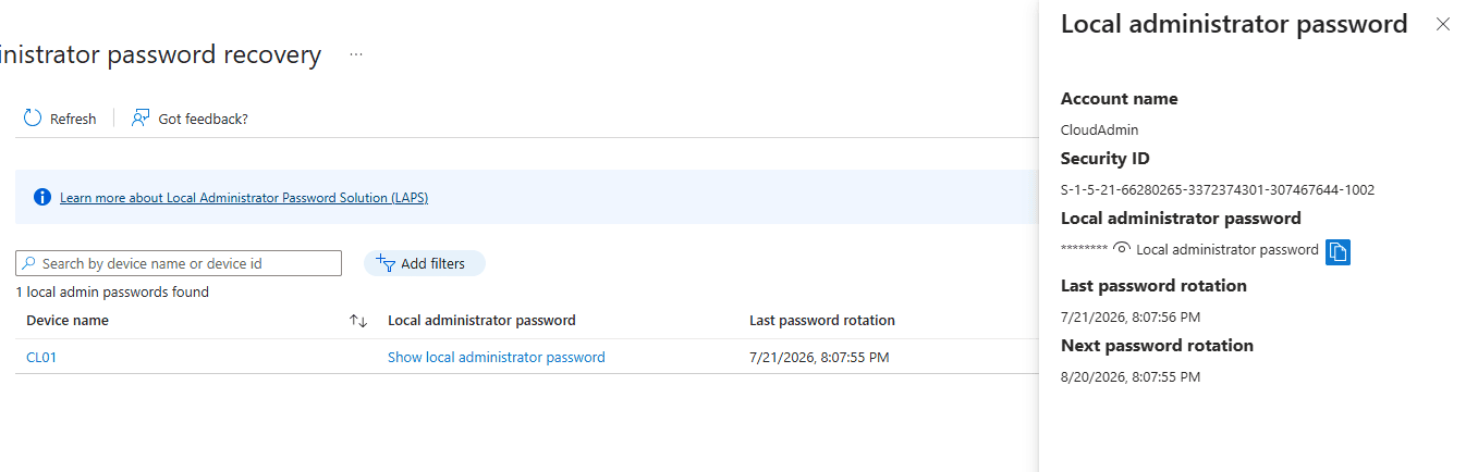 Microsoft Entra ID Local administrator password panel showing the account name, security ID, and last/next rotation dates