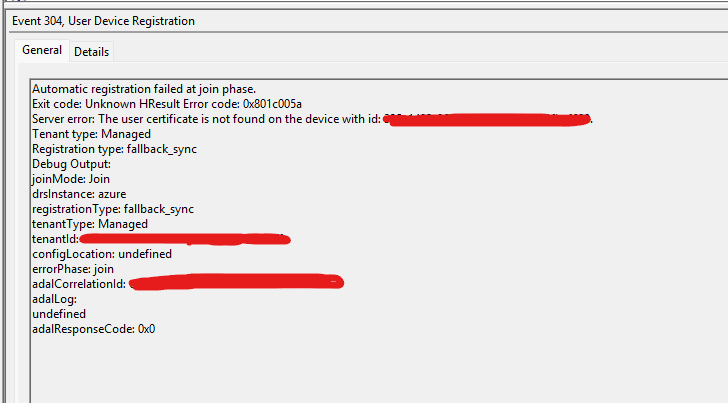 Event Viewer showing Event ID 304 for User Device Registration