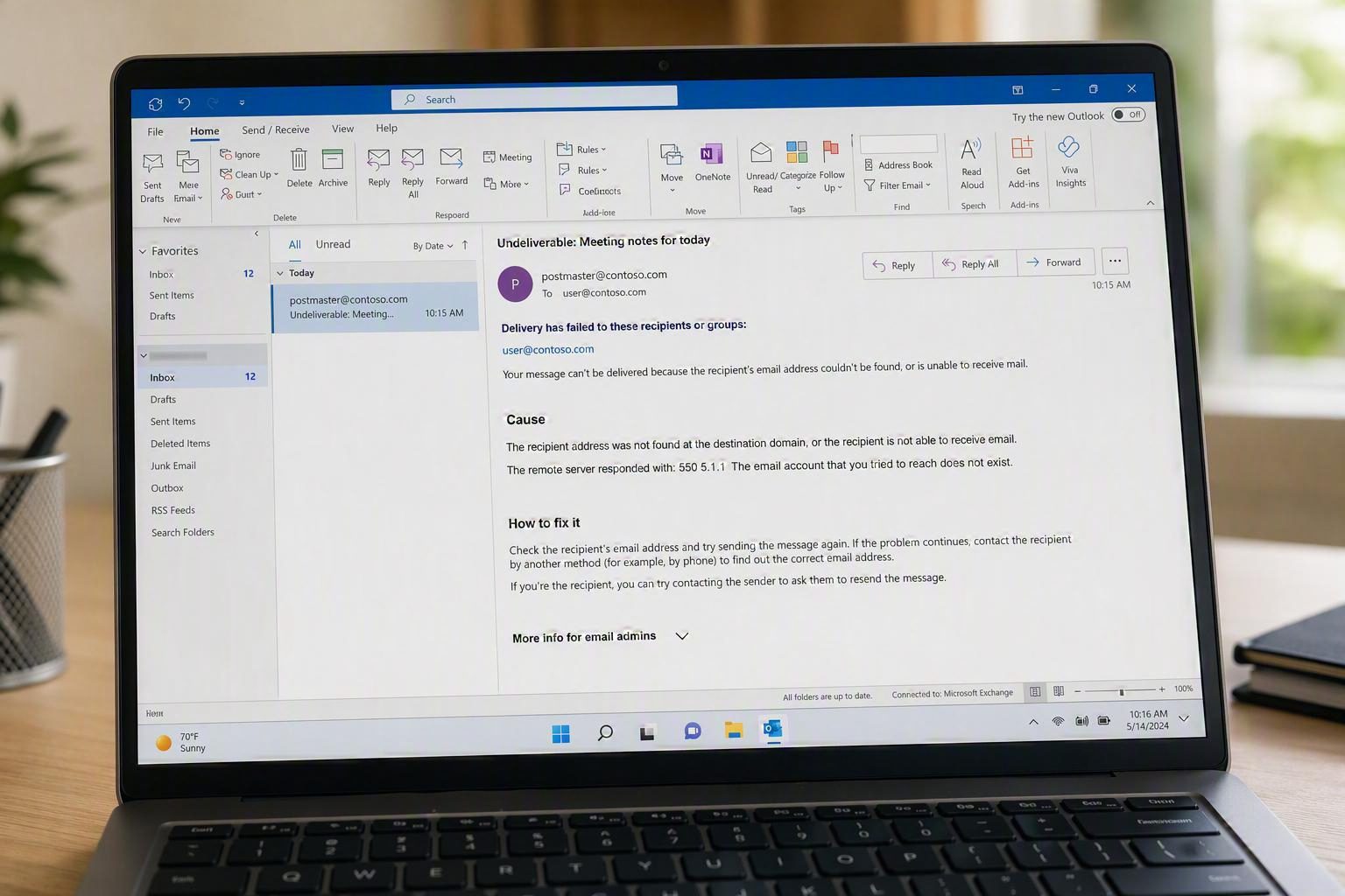 Exchange Online NDR bounce message in Outlook showing Cause, How to Fix It, and More Info for Admins sections