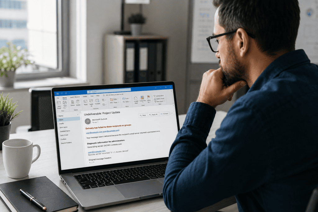 IT administrator viewing an Exchange NDR bounce-back email in Microsoft Outlook showing error code 5.1.1
