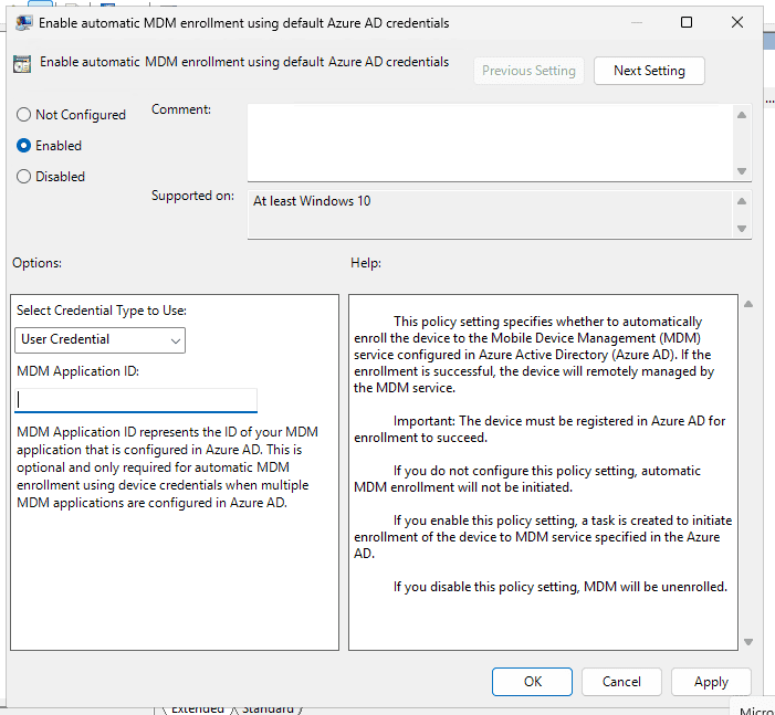 Group Policy Management Editor showing the Enable automatic MDM enrollment using default Azure AD credentials setting turned on with User Credential selected