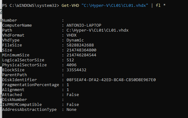 "PowerShell Get-VHD output showing an empty ParentPath confirming a standalone VHDX disk"