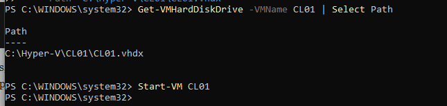 "Hyper-V Manager showing the CL01 virtual machine running after reattaching the correct VHDX"
