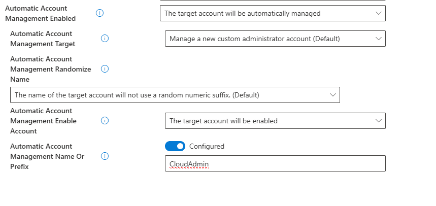Intune Settings Catalog showing Automatic Account Management enabled with CloudAdmin as the target account name