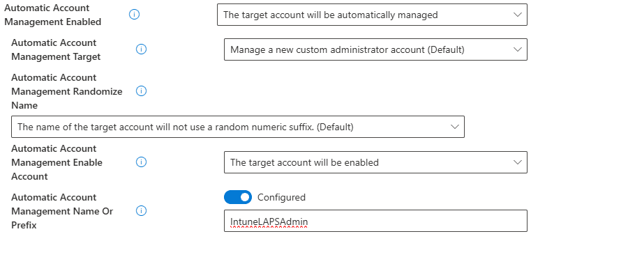 Intune Settings Catalog showing Automatic Account Management Name Or Prefix field updated to IntuneLAPSAdmin