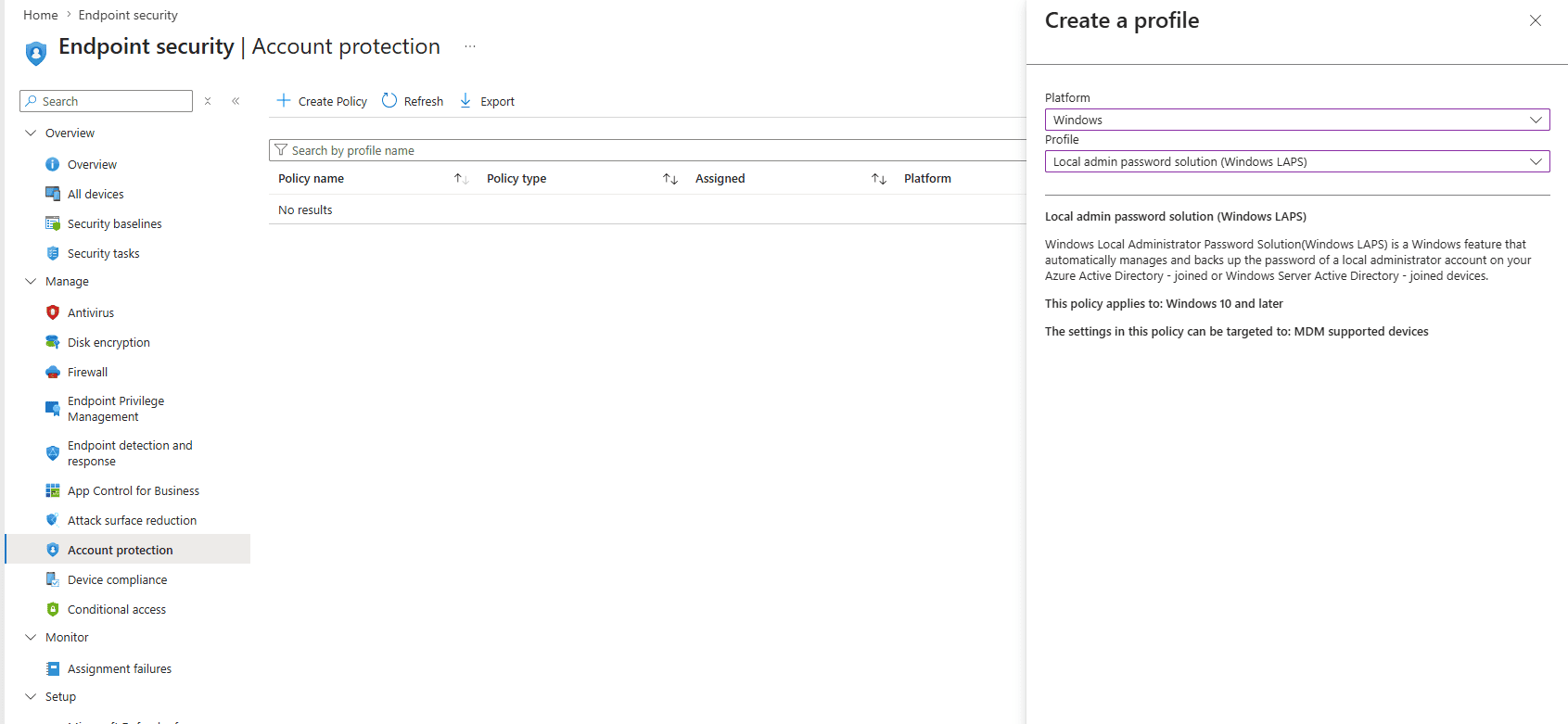 Intune Endpoint Security Account Protection blade showing the Create a Profile panel with Local Admin Password Solution selected