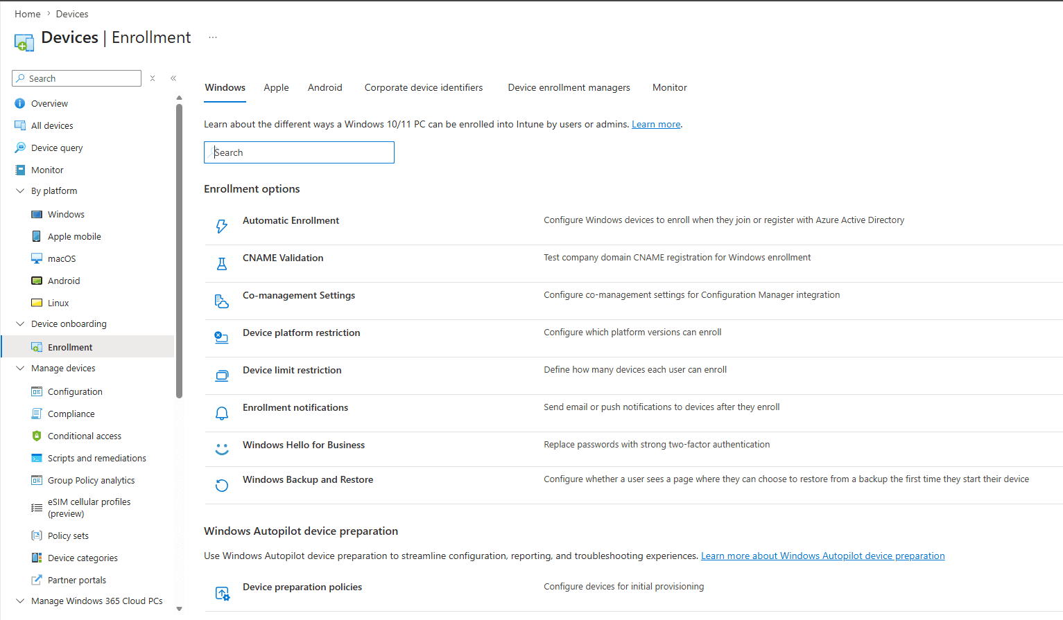 Microsoft Intune admin center Devices Enrollment page listing Automatic Enrollment, Device platform restriction, and other Windows enrollment options