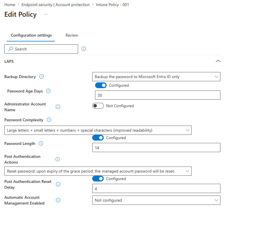 Intune LAPS policy edit screen showing the Administrator Account Name field set to Not Configured