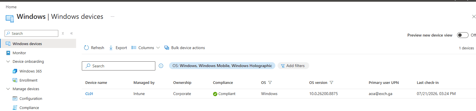 Microsoft Intune Windows devices list showing a device managed by Intune, compliant, with a recent last check-in timestamp