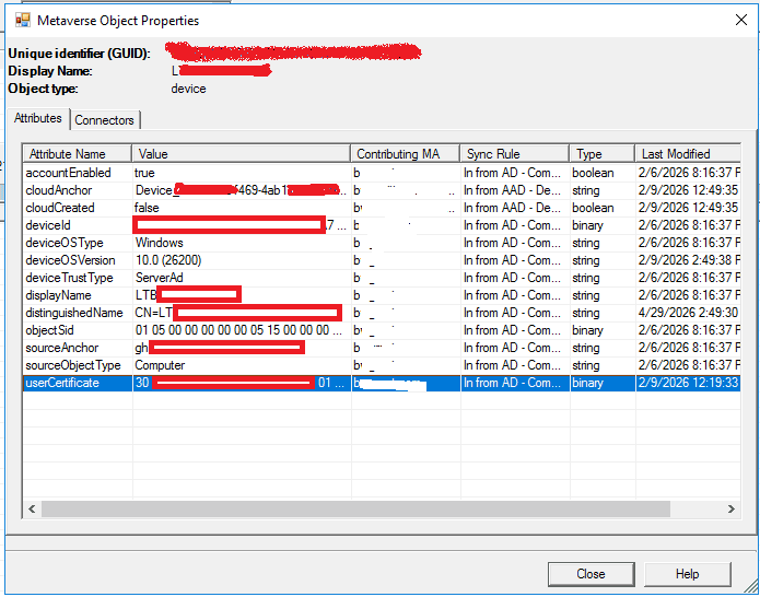 Metaverse Object Properties showing userCertificate binary attribute populated