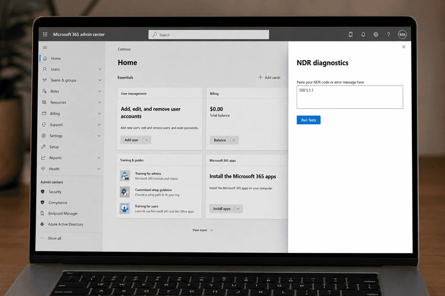 Microsoft 365 Admin Center NDR diagnostic tool flyout panel with error code input field and Run Tests button