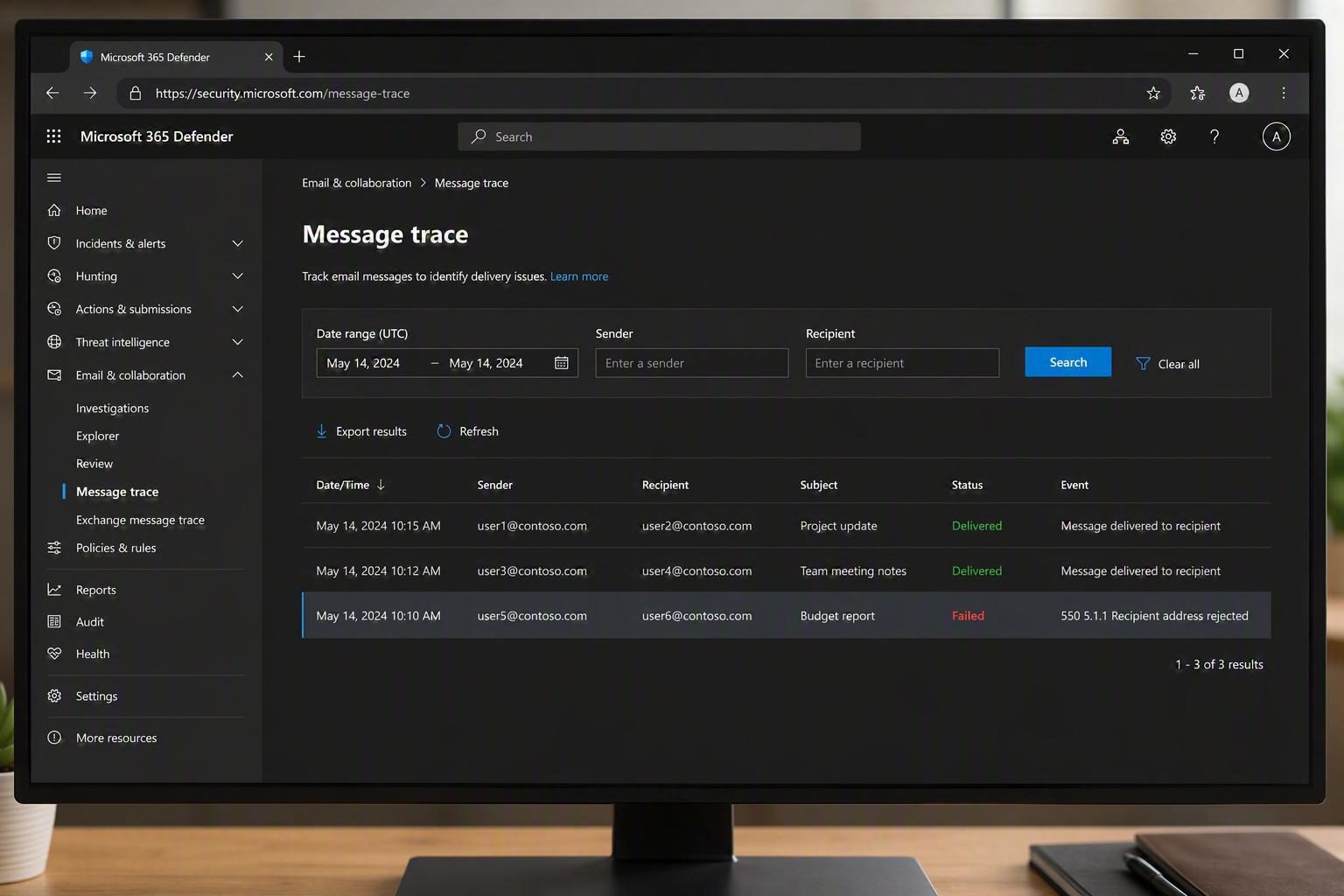 Microsoft 365 Defender portal Exchange message trace results showing delivered and failed email statuses