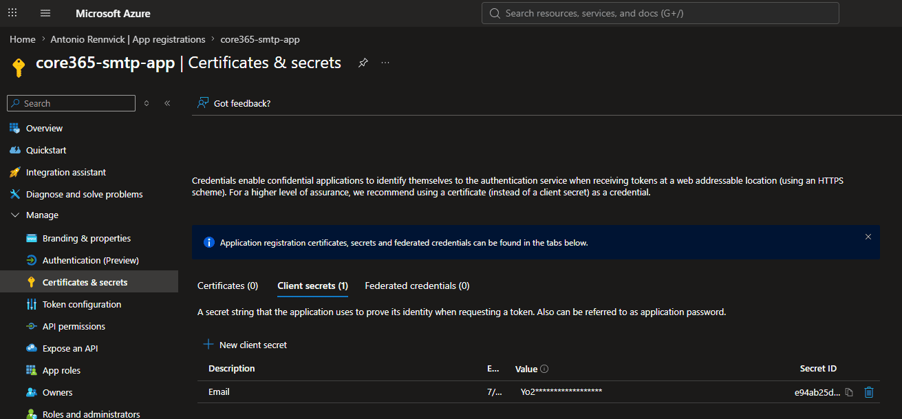 Microsoft Entra app registration Certificates and secrets page with a new client secret being generated