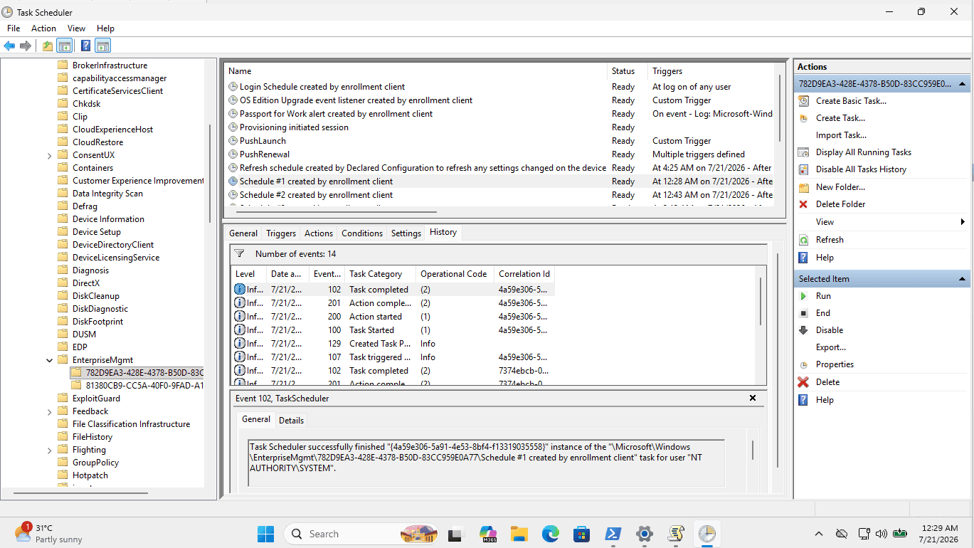 Task Scheduler showing the EnterpriseMgmt folder with an enrollment client scheduled task and a Task completed history event