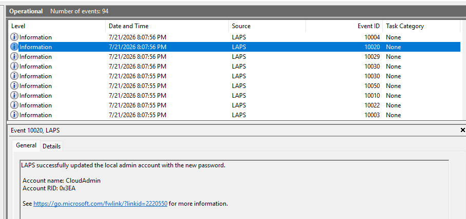Event Viewer showing LAPS Event ID 10020 confirming the local admin account password was successfully updated