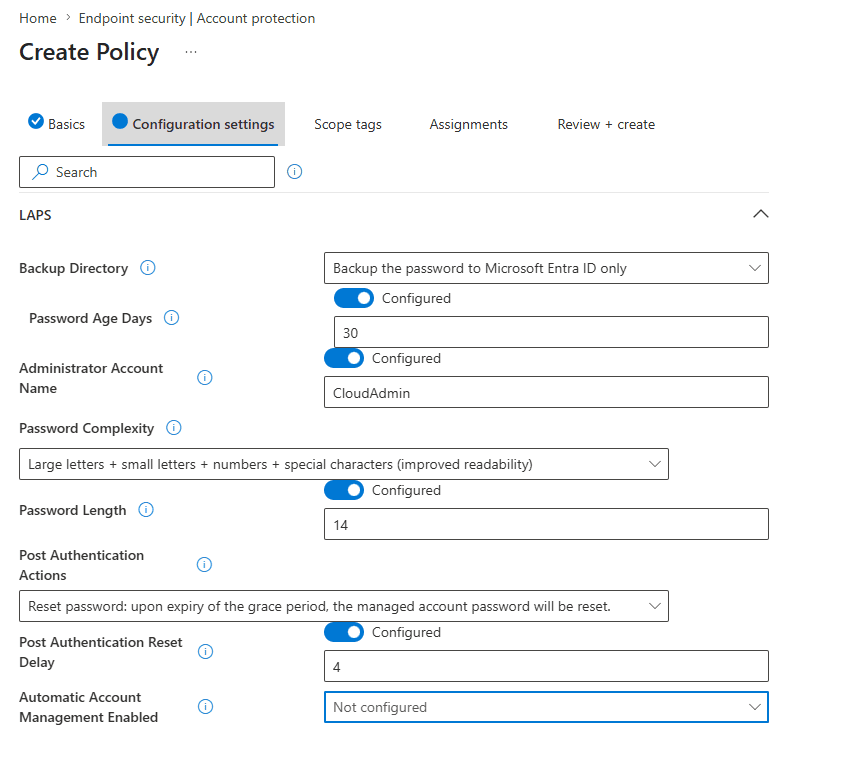 Intune Settings Catalog LAPS configuration page showing Backup Directory, Password Age Days, Administrator Account Name, and Password Complexity fields
