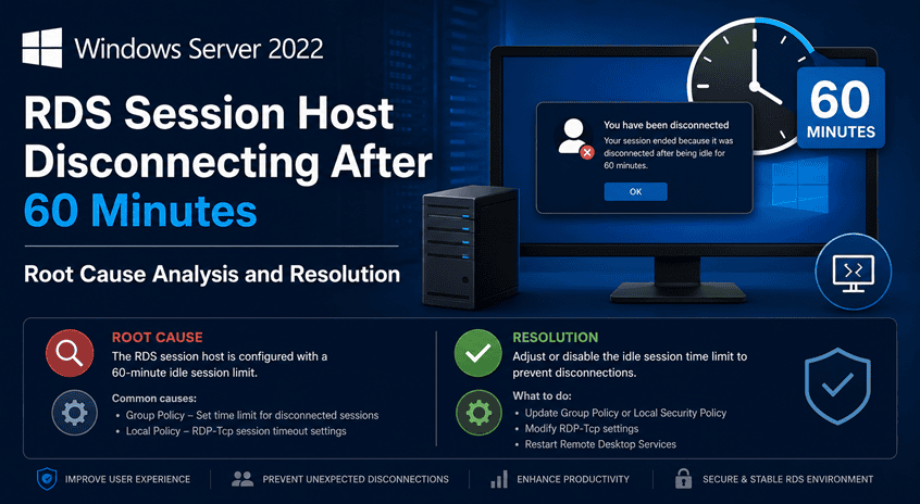 Windows Server 2022 Remote Desktop Services licensing issue showing 60 minute disconnect caused by Windows Server 2019 RDS CAL version mismatch