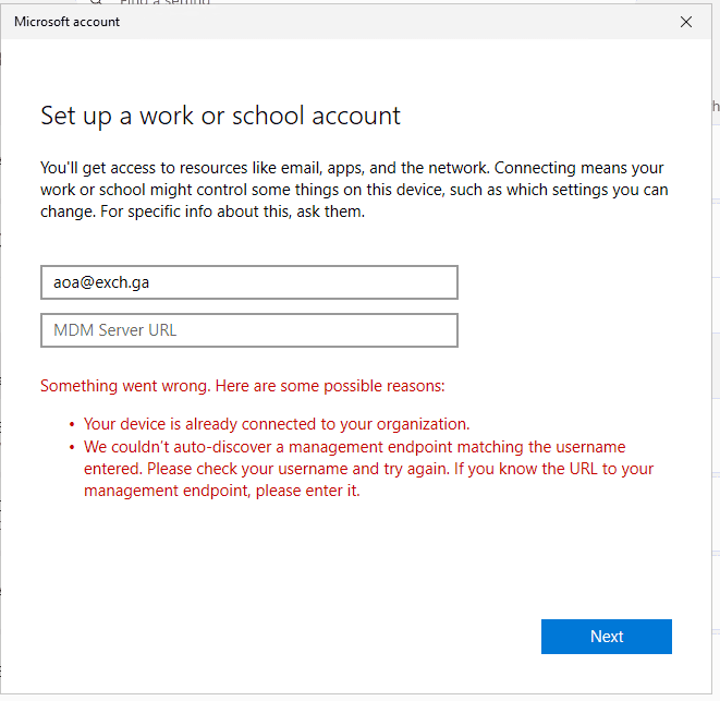 Windows Set up a work or school account dialog showing an error that a management endpoint matching the username could not be auto-discovered