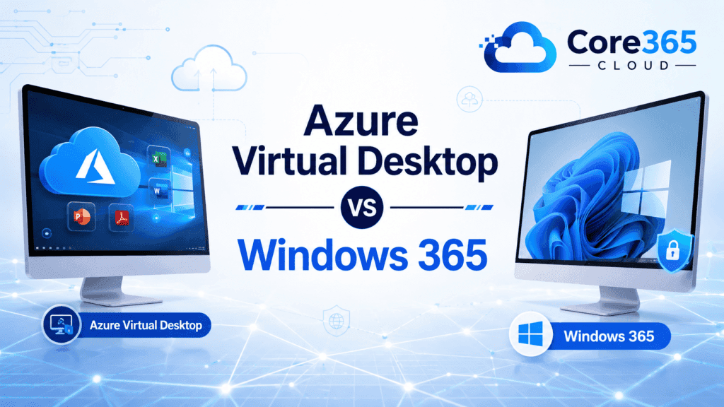 Split banner comparing Azure Virtual Desktop and Windows 365 Cloud PC icons on a light technical background