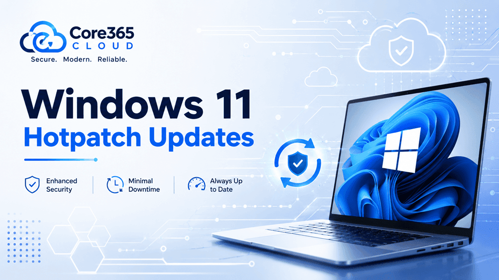 Windows 11 hotpatch updates configuration diagram showing Intune and VBS setup, Core365 Cloud branding