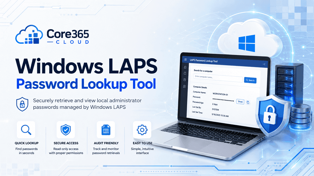 Illustration of a PowerShell and GUI tool retrieving Windows LAPS passwords from Microsoft Entra ID